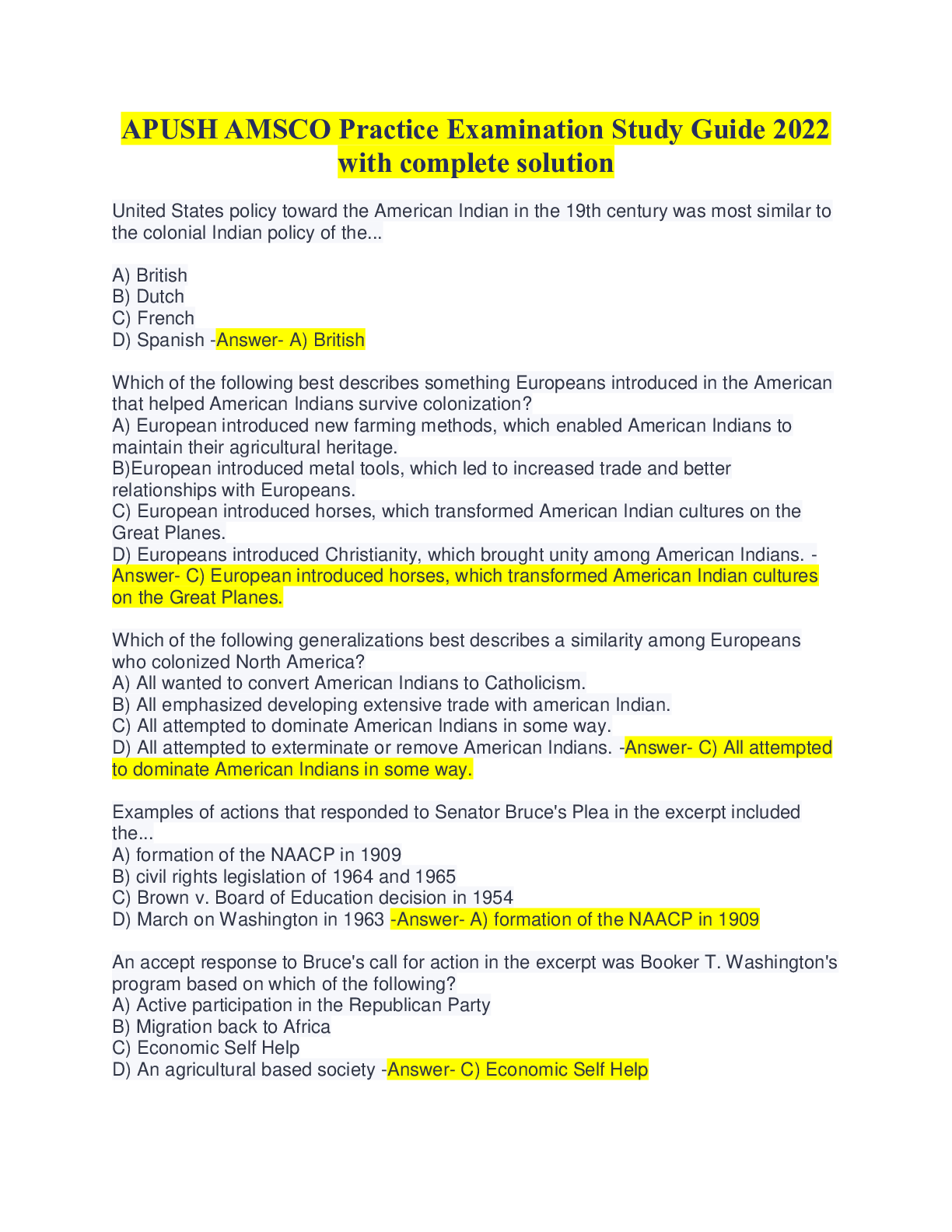 Preview image for APUSH AMSCO Practice Examination Study Guide 2022 with complete solution